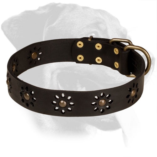 Studded Flower Design Leather Dog Collar for Rottweiler