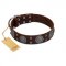 "Hypnotic Stones" FDT Artisan Brown Leather Rottweiler Collar with Chrome Plated Brooches and Square Studs