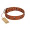 "Rebellious Nature" FDT Artisan Tan Leather Rottweiler Collar Embellished with Crossbones and Square Studs