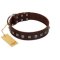 "Kingly Grace" FDT Artisan Brown Leather Rottweiler Collar with Silver-like Dotted Studs