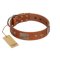 "Great Obelisk" Handcrafted FDT Artisan Tan Leather Rottweiler Collar with Large Plates and Pyramids