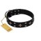 "Snappy Dresser" FDT Artisan Black Leather Rottweiler Collar Adorned with Stars and Tiny Squares