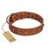 "Road Rider" FDT Artisan Tan Leather Rottweiler Collar with Old Silver-like Skulls and Medallions