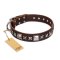 'Perfect Impression' FDT Artisan Brown Leather Rottweiler Collar with Silvery Square Studs - 1 1/2 inch (40 mm) Wide