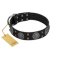 "Boundless Blue" FDT Artisan Black Leather Rottweiler Collar with Chrome Plated Brooches and Square Studs