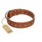"Little Floret" Fashionable FDT Artisan Tan Leather Rottweiler Collar with Silver-Like Adornments
