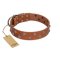 "Waltz of the Flowers" Handmade FDT Artisan Tan Leather Rottweiler Collar with Chrome-plated Engraved Studs