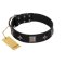 "Black Cavalier" Handmade FDT Artisan Black Leather Rottweiler Collar with Silver-Like Stars and Large Plates