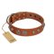"Era Infinitum" FDT Artisan Tan Leather Rottweiler Collar Adorned with Chrome-plated Circles