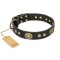 'Golden Radiance' FDT Artisan Black Leather Rottweiler Collar with Old Bronze Look Ovals and Circles