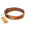 "Bronze Century" FDT Artisan Tan Leather Rottweiler Collar with Plates and Brooches with Cool Ornament