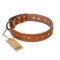 'Spring Flavor' FDT Artisan Rottweiler Tan Leather Dog Collar with Old Bronze-Like Plated Engraved Studs 1 1/2 inch (40 mm) wide