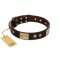 "Middle Age" FDT Artisan Brown Leather Rottweiler Collar with Old Bronze-Plated Engraved Flowers and Large Plates