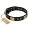 "Spanish night" FDT Artisan Black Leather Rottweiler Collar for Walking in Style - 1 1/2 inch (40mm) wide