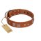 "Egyptian Gifts" Handmade FDT Artisan Tan Leather Rottweiler Collar with Chrome-plated Pyramids