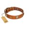 "Celtic Tunes" FDT Artisan Tan Leather Rottweiler Collar Adorned with Stars and Squares