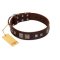 "Object of Virtu" FDT Artisan Brown Leather Rottweiler Collar with Old Silver-like Square Studs and Pyramids