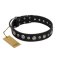 "Genteel Charm" FDT Artisan Black Leather Rottweiler Collar with Silver-like Round Conchos