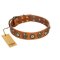 "Golden Epoch" FDT Artisan Tan Leather Rottweiler Collar with Old Bronze-plated Medallions and Conchos