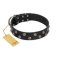 "Power-Flower" FDT Artisan Black Leather Rottweiler Collar with Two Rows of Silver-like Studs with Engraved Flowers