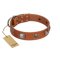 "Amorous Escapade" Embellished FDT Artisan Tan Leather Rottweiler Collar with Chrome Plated Crossbones and Plates