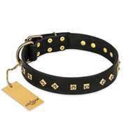 'Rhomb Style' FDT Artisan Rottweiler Black Leather Dog Collar with Old Bronze-Like Plated Studs 1 1/2 inch (40 mm) Wide