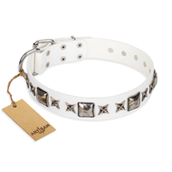"Intergalactic Travelling" FDT Artisan Studded White Leather Rottweiler Collar with Silvery Decor "Intergalactic Travelling" FDT Artisan Studded White Leather Rottweiler Collar with Silvery Decor