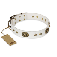 "Adorable Dream" FDT Artisan White Leather Rottweiler Collar with Goldish Decor "Adorable Dream" FDT Artisan White Leather Rottweiler Collar with Goldish Decor