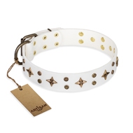 "Bright stars" FDT Artisan White Leather Rottweiler Collar for Walking in Style "Bright stars" FDT Artisan White Leather Rottweiler Collar for Walking in Style
