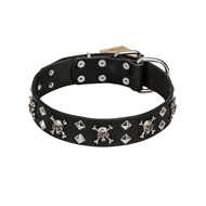 FDT Artisan 'Rock 'n' Roll Style' Leather Rottweiller Collar with Skulls, Bones and Studs 1 1/2 inch (40 mm) wide