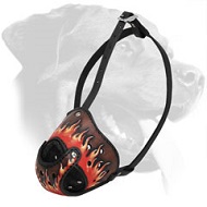 Flames Painted Leather Rottweiler Muzzle for Training and Walking