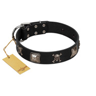 "Sea Rover" Embellished FDT Artisan Black Leather Rottweiler Collar with Chrome Plated Crossbones and Plates