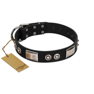 "Grand Wear" FDT Artisan Black Leather Rottweiler Collar with Shining Plates and Spiked Studs