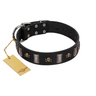 "Pirates' Symbol" Fashionable FDT Artisan Black Leather Rottweiler Collar with Silver-Like Plates and Gold-Like Skulls