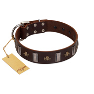"War Chief" FDT Artisan Genuine Brown Leather Rottweiler Collar with Skulls and Plates