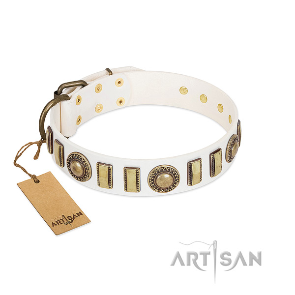 Decorated natural leather dog collar with reliable traditional buckle