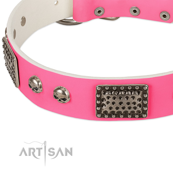 Corrosion proof D-ring on natural leather dog collar for your doggie