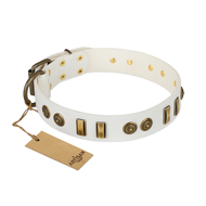"Midsummer Snow" FDT Artisan White Leather Rottweiler Collar with Old Bronze-like Plates and Circles "Midsummer Snow" FDT Artisan White Leather Rottweiler Collar with Old Bronze-like Plates and Circles