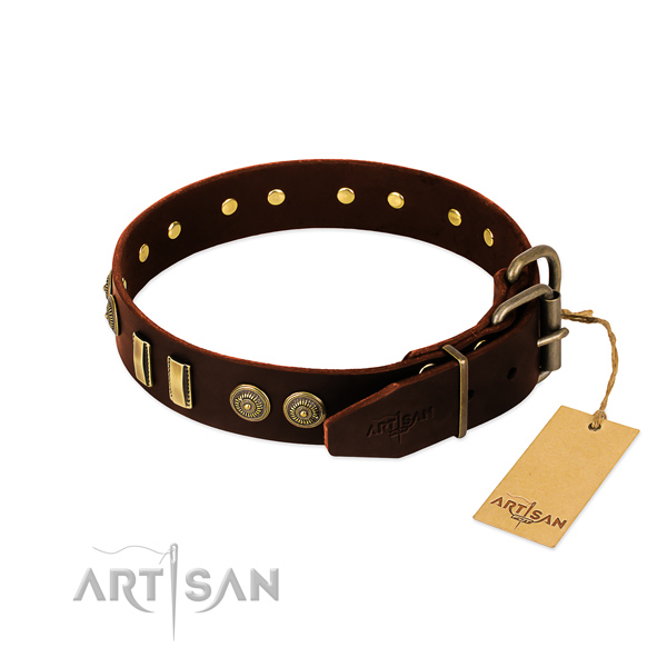 Rust resistant embellishments on natural leather dog collar for your four-legged friend