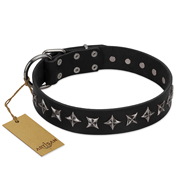 "Lights-out" FDT Artisan Black Leather Rottweiler Collar with Silver-like Set of Stars "Lights-out" FDT Artisan Black Leather Rottweiler Collar with Silver-like Set of Stars