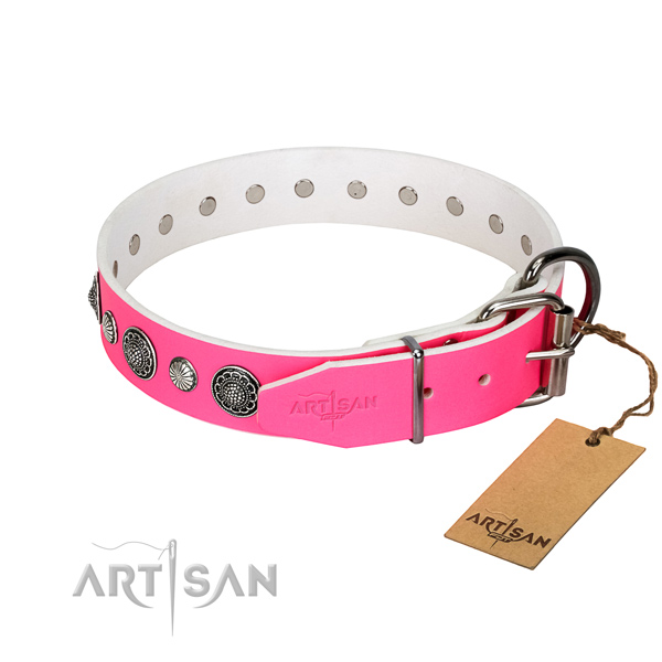 Durable natural leather dog collar with rust-proof D-ring