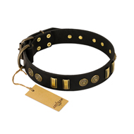 "Simple Elegance" FDT Artisan Black Leather Rottweiler Collar with Old Bronze-like Plates and Circles "Simple Elegance" FDT Artisan Black Leather Rottweiler Collar with Old Bronze-like Plates and Circles