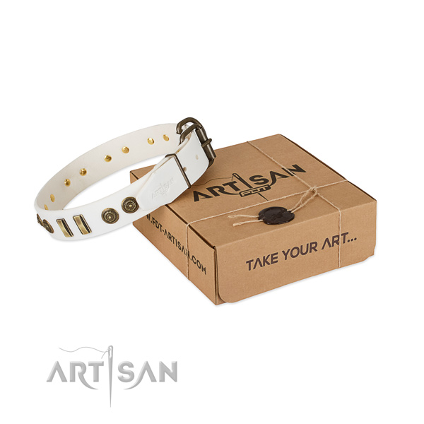 Strong adornments on full grain genuine leather dog collar for your pet