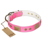 "Pink World" FDT Artisan Pink Leather Rottweiler Collar with Old Bronze Look Plates and Studs "Pink World" FDT Artisan Pink Leather Rottweiler Collar with Old Bronze Look Plates and Studs