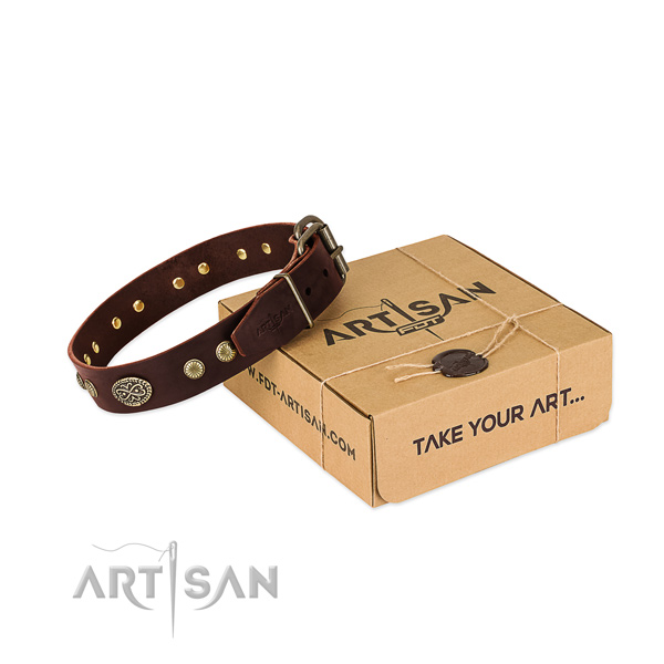 Rust resistant embellishments on genuine leather dog collar for your dog