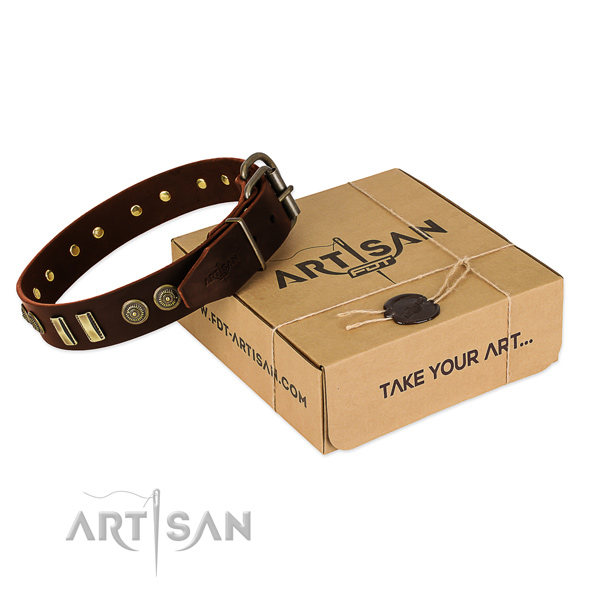 Corrosion proof embellishments on natural leather dog collar for your four-legged friend