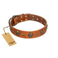 "Rockstar" FDT Artisan Tan Leather Rottweiler Collar with Engraved Studs and Medallions