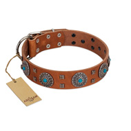 "Blue Sands" FDT Artisan Tan Leather Rottweiler Collar with Silver-like Studs and Round Conchos with Stones