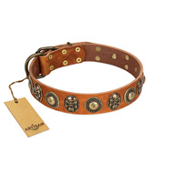 "Golden Epoch" FDT Artisan Tan Leather Rottweiler Collar with Old Bronze-plated Medallions and Conchos