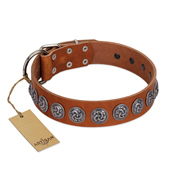"Velvet Kiss" Handmade FDT Artisan Tan Leather Rottweiler Collar with Vintage Medallions